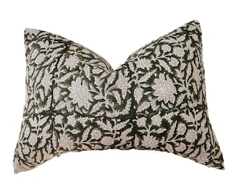 green floral Block print linen pillow,linen lumbar pillow cover . 12x20”14x20”