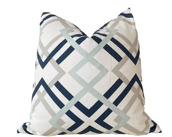 Navy blue and white check pillow cover
