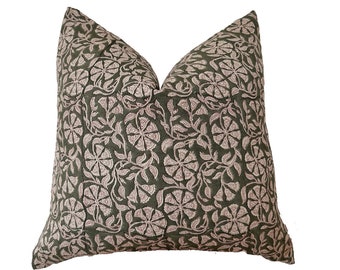Hand block printed linen floral pillow cover, green and red  floral pillow cover, 20x20”