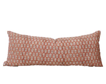 block print pillow, pink  color pillow case, natural linen lumber pillow case,14x34“