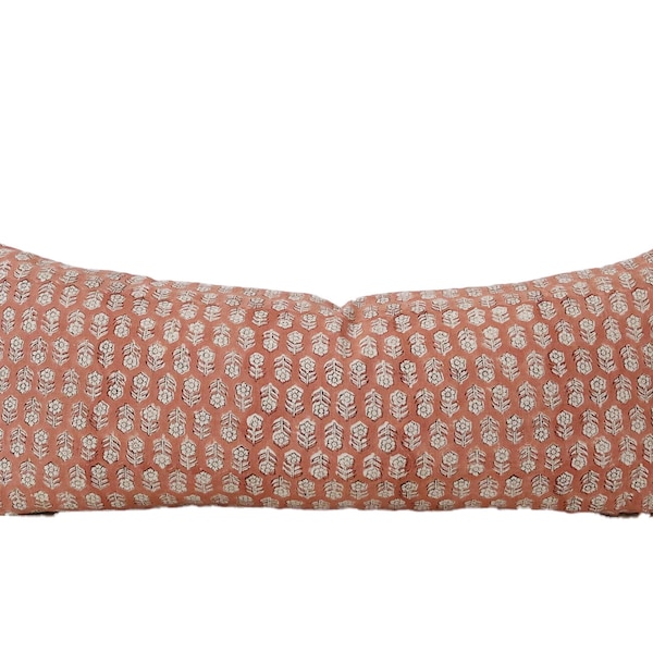 block print pillow, pink  color pillow case, natural linen lumber pillow case,14x34“