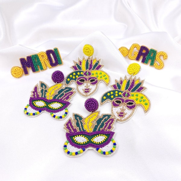 Mardi Gras Beaded Earrings, Mardi Gras Earrings, Mardi Gras Jewelry, Carnival Parade Earrings, Mask, Fleur de Lis Fat Tuesday Earrings,