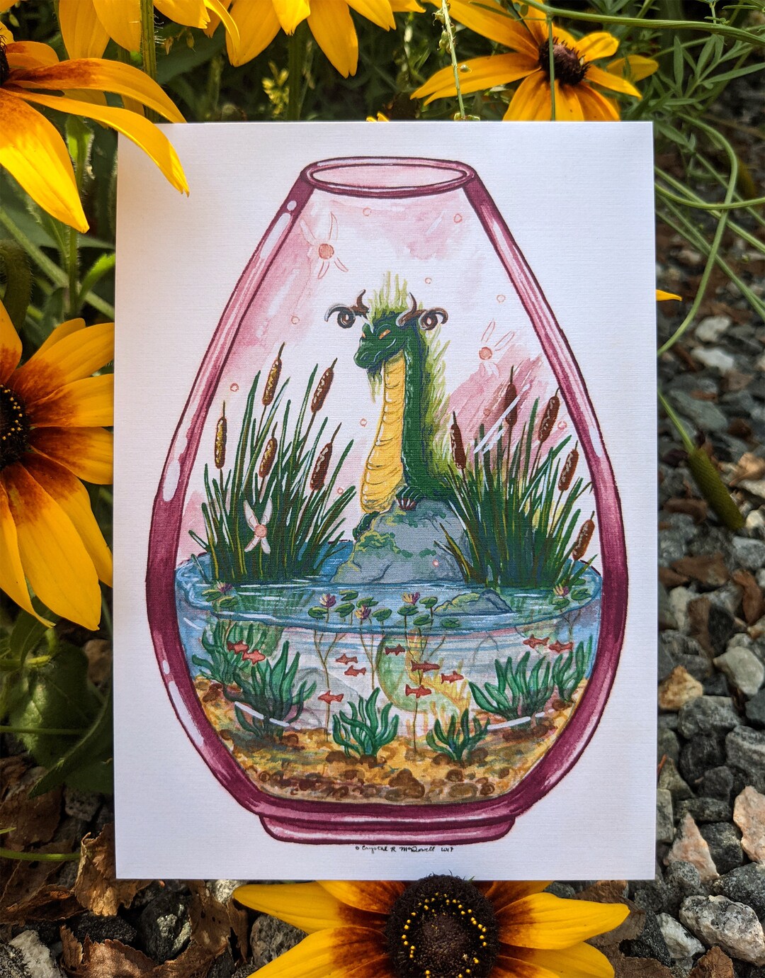 Dragon Terrarium Green Dragon With Water Lilies and Cat Etsy