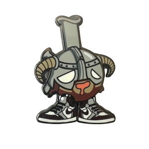 May include: A silver and brown cartoon character wearing a Viking helmet and sneakers. The character has a brown beard and a red nose.
