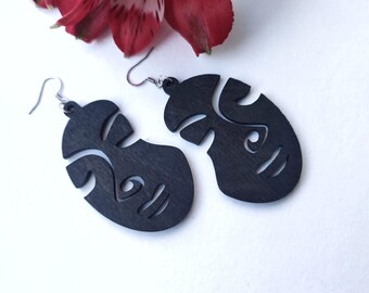 ABSTRACT FACES brown Wooden earrings | handmade | Wood Shaped  |  Laser Cut Dangle