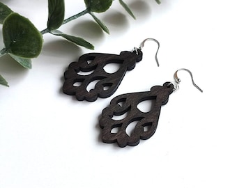 Lightweight ORNAMENT brown Wooden earrings | HANDMADE | earrings | Wood Shaped  |  Wooden Earrings |  Laser Cut Dangle