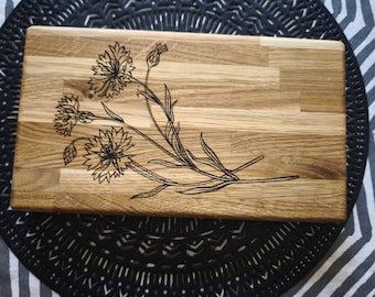 Oak Cutting Board with Engraved Cornflowers | Wooden Kitchen Board | Housewarming Gift | Rustic Oak Serving Board | Handmade in Latvia