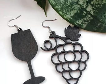 WINE GLASS and GRAPE brown Wooden earrings | handmade | Wood Shaped  |  Laser Cut Dangle