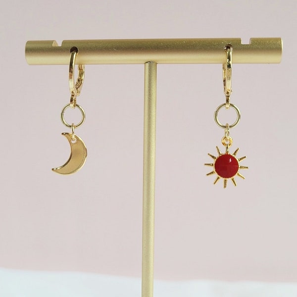 Sun and Moon Earrings, Celestial Earrings, Huggie Earrings, Huggie Hoop Earrings, Gold Hoop Earrings, Gold Jewelry, Dangle Earrings