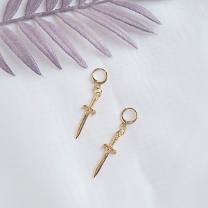 Sword Earrings, Huggie Earrings, Huggie Hoops, Huggie Hoop Earrings, Dangle Earrings, Gold Charm Earrings, Fantasy Jewelry, Sword Jewelry