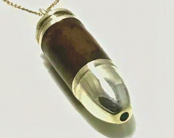 9MM Bullet Pendant, Sterling Silver, Walnut Burl Casing, Crushed Malachite Tip