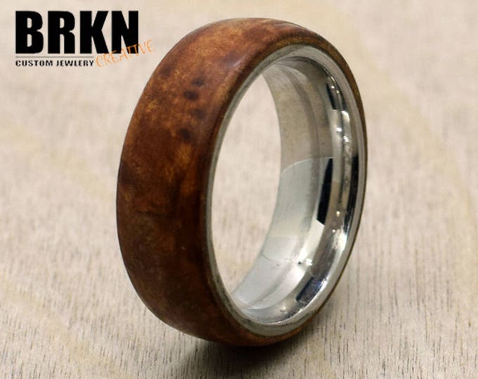 Maple Burl Wood Ring, with a sterling steel core