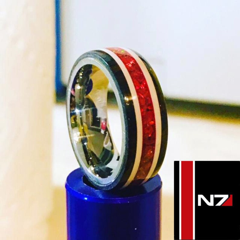 Gamer Epoxy Stripes Wedding Band Mens Ring Ruby Crushed Opals Mass Effect N7 Edition Inspired Ring Womens Ring Titanium Core
