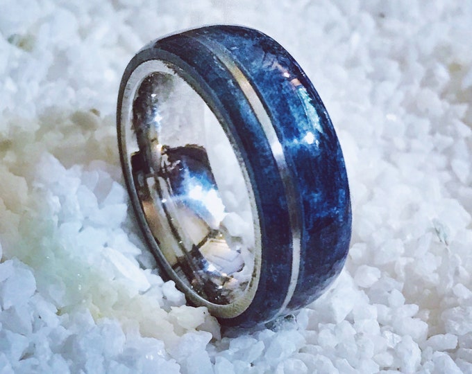 Blue Dyed Buckeye Burl wood ring w/ Sterling Silver