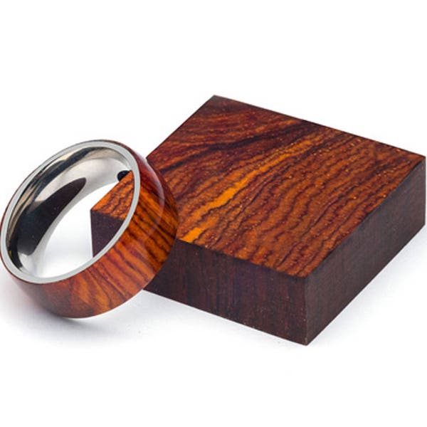 Exotic Cocobolo Wood Ring and Stainless Steel Core ring, Wood Ring for Men, Wood Ring for Women, Wedding Band, Everyday Ring