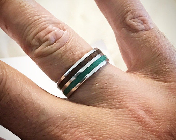 Sterling silver band with crushed Malachite and West African Etimoe wood inlays, ring, wedding band, mens ring, womens ring