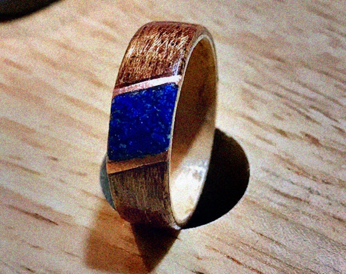 Mahogany wood ring with maple core and natural crushed Lapis lazuli stone and copper Inlay