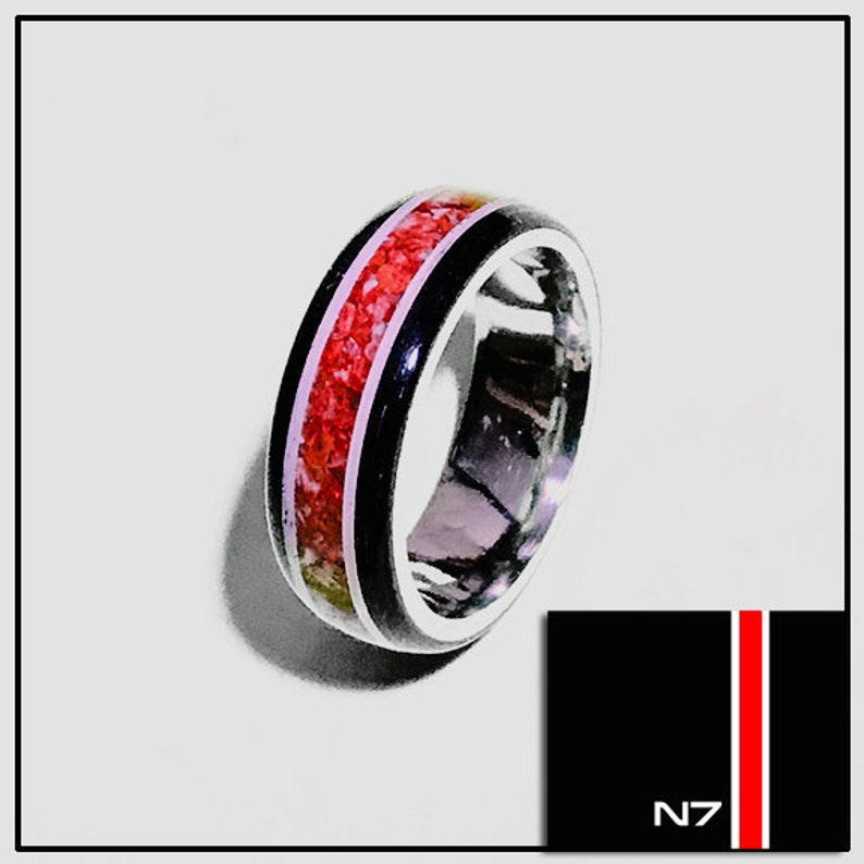 Gamer Epoxy Stripes Wedding Band Mens Ring Ruby Crushed Opals Mass Effect N7 Edition Inspired Ring Womens Ring Titanium Core