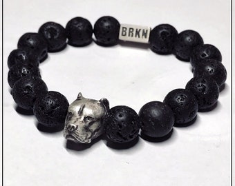 Pitbull Bead Bracelet - STERLING SILVER - Black Lava Beads