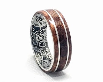 Wood Ring, West African Etimoe wood, sterling silver bands, custom engraved antique patina sterling silver core, wedding band, men, women