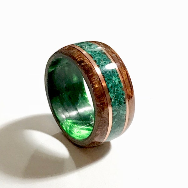West African Etimoe wood with Crushed Malachite Stone, Copper banding, Green Epoxy Core Bentwood Ring,