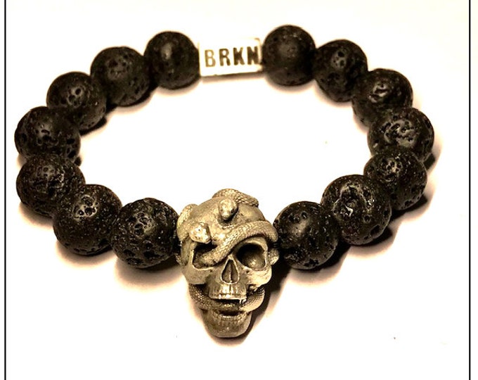 Skull and Snakes Sterling silver Bracelet & Lava Beads