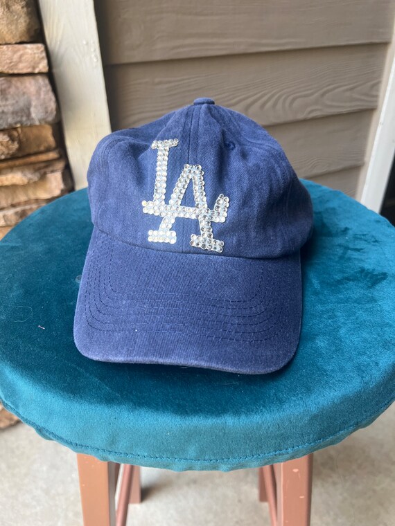 Rhinestone LA Baseball Hat, Bling Blue Distressed Cap  display picture 2