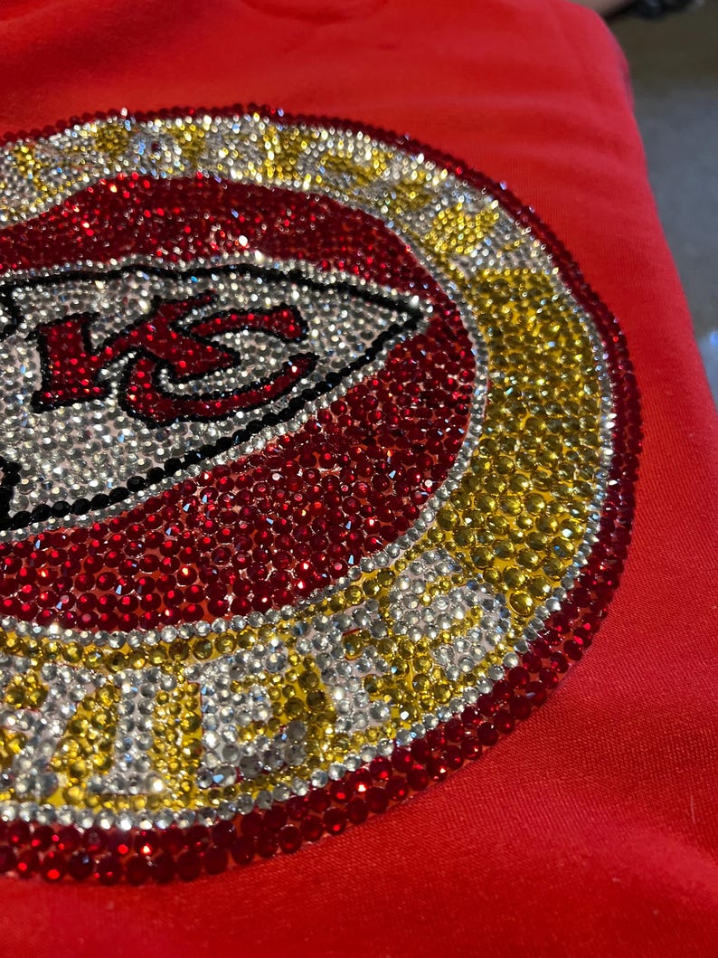 XL unisex Kansas City lined jacket with rhinestone embellishments-Bling Football Jacket, Sparkly Game Day Coat, Vintage Inspired KC Fan image 7