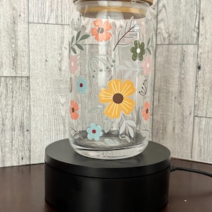 16 oz Clear Glass Can - Vintage Inspired  Flowers - Iced Coffee Cup with Bamboo Lid and Glass Straw