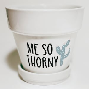 May include: White ceramic planter with a black and white graphic of a cactus and the text "Me So Thorny".