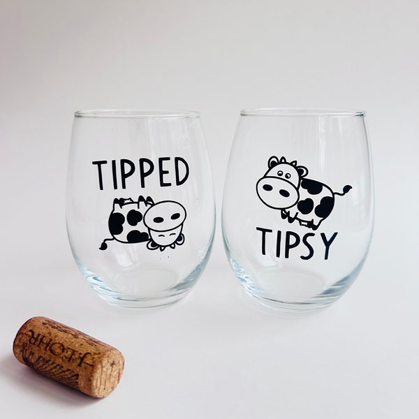 Tipped and Tipsy Cow Stemless Wine Glass Set