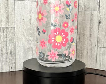 Pink Floral Glass Iced Coffee Cup: Bamboo Lid & Glass Straw