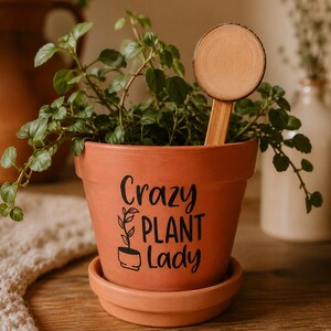 Puede incluir: Una maceta de terracota con su plato a juego, que presenta el texto negro "Crazy PLANT Lady" y un pequeño gráfico de una planta. Una planta verde de hojas crece dentro de la maceta, acompañada de un marcador de madera redondo.
