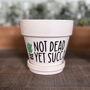 Op de afbeelding: Witte keramische pot met een zwarte sticker waarop "Not Dead Yet Succ" staat en een groene cartoon-succulent.