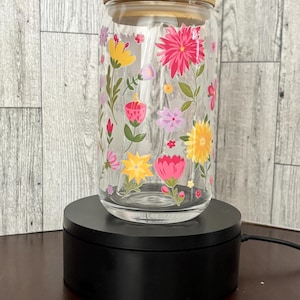 16 oz Clear Glass Can - Yellow Pink and Lavender Flowers - Iced Coffee Cup with Bamboo Lid and Glass Straw