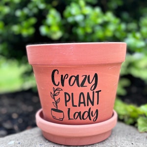May include: A terracotta plant pot with a black graphic that says "Crazy Plant Lady" and a small plant illustration.