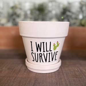 May include: White ceramic planter with a green cactus and the text "I WILL SURVIVE" in black.