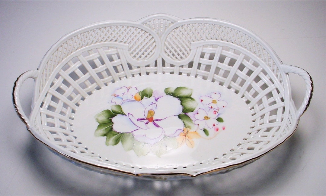 Romamerica Fine Porcelain Basket Bowl, Made in Romania, Hand Painted