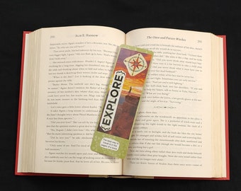 Travel Bookmark Explore Bookmark Laminated Bookmark Upcycled Bookmark Booklover Gift Handmade Bookmark Quote Bookmark Stationery