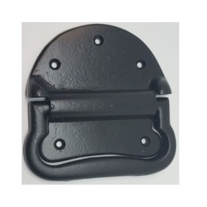 May include: Black metal handle with a rounded top and a D-shaped loop. The handle has four small holes for mounting.