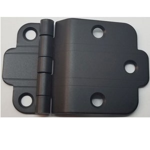 May include: Black cabinet hinge with five holes and a brushed finish.