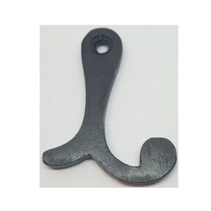 May include: Black metal hook with a rounded end and a small hole at the top. The hook is shaped like the letter L.