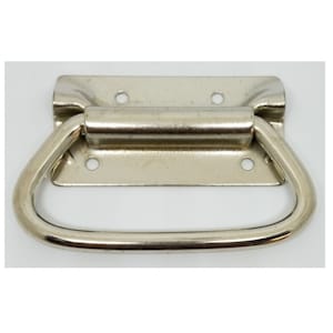May include: A silver metal handle with a rounded rectangular base and a D-shaped loop. The handle has four screw holes for mounting.