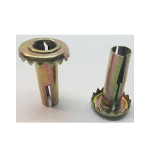 May include: Two gold-colored metal fasteners with a serrated edge. The fasteners are designed to be used with a rivet gun.