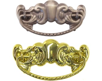 3" Centers - Victorian Style American Oak Stamped Polish and Antiqued Brass Drawer Pull antique vintage fancy leaf leaves bail ring decor