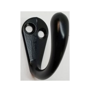 May include: A black metal hook with a curved design. The hook has a mounting plate with two holes for screws. The hook is a U-shape with a rounded end.