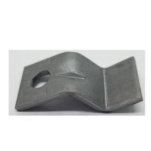 May include: A silver metal bracket with a hole in the center and a bend in the middle. The bracket is designed for mounting.