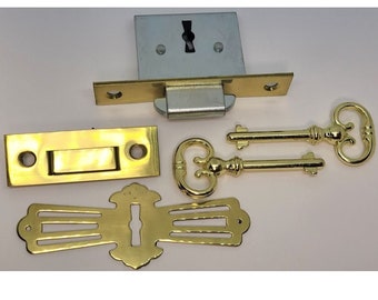 Full Mortise Roll Top Desk Lock Set SQUARE PLATE brass Lock Catch 2 Keys antique vintage old retro fancy decorative