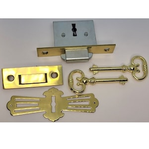 Full Mortise Roll Top Desk Lock Set SQUARE PLATE brass Lock Catch 2 Keys antique vintage old retro fancy decorative