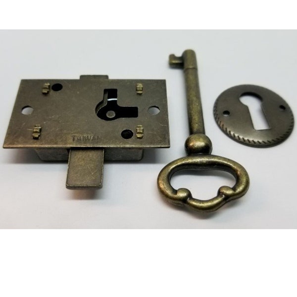 SMALL Flush Mount Lock Set Kit Antique Brass Plated cupboard chest trunk desk drawer key hole cover